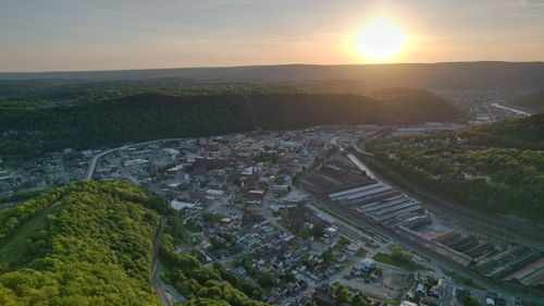 High angle view of townscape against sky during sunset