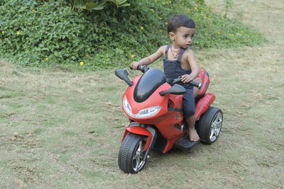 Cute boy riding toy car on land