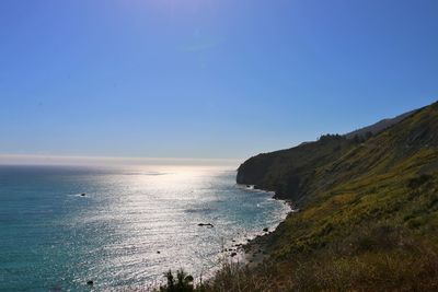 Scenic view of sea against clear blue sky