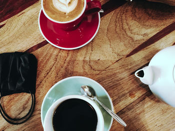 High angle view of coffee cup on table