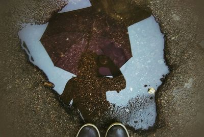 Directly above shot of feet in puddle