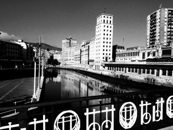 Bridge over river in city against clear sky