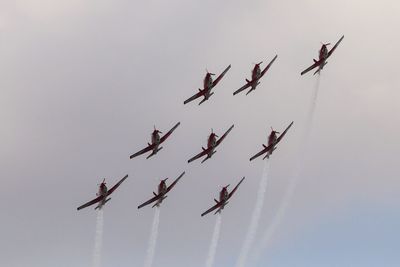 Low angle view of fighter planes flying against sky