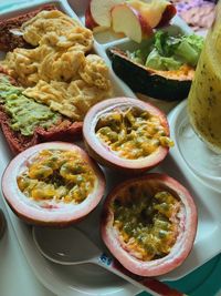 High angle view of meal served on table