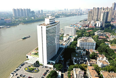 High angle view of buildings in city