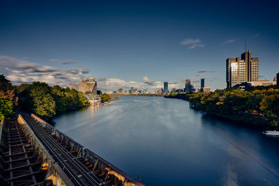 Bridge over river with city in background