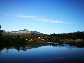 Scenic view of lake by trees against blue sky