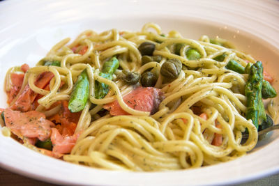 Close-up of noodles served in bowl