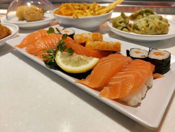 High angle view of food in plate on table