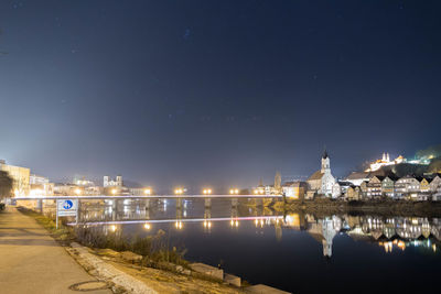 Reflection of illuminated buildings in city at night