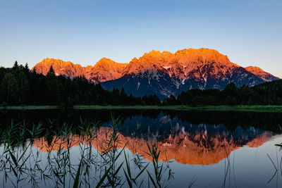 Scenic view of lake by mountains against clear sky