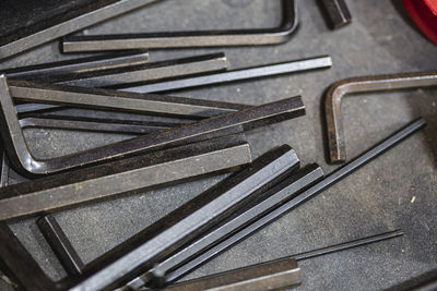 High angle view of work tools on table