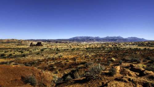 Scenic view of landscape against clear blue sky