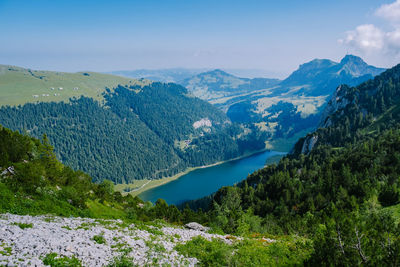 Scenic view of trees and mountains against sky