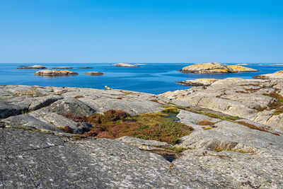 Scenic view of sea against clear blue sky