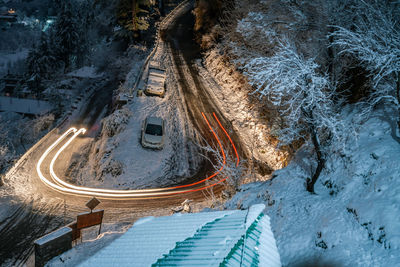 High angle view of snow covered trees during winter