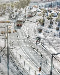 High angle view of cars on street in winter