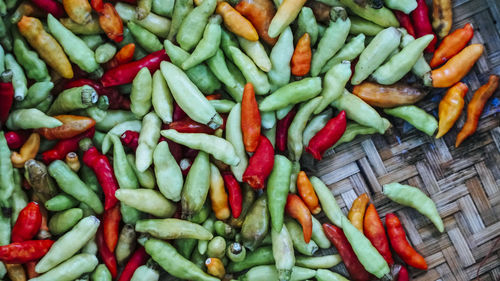 Directly above shot of chilies in wicker container