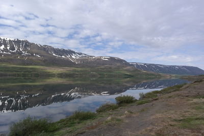 Scenic view of mountains and lake against sky