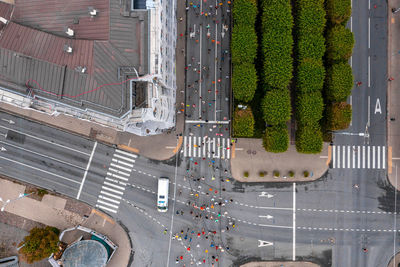 Aerial view of the people running marathon.
