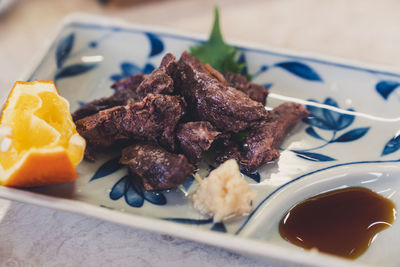 Close-up of meal served in plate on table