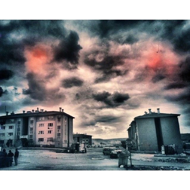 building exterior, architecture, transfer print, built structure, sky, cloud - sky, auto post production filter, cloudy, weather, city, overcast, cloud, street, residential structure, residential building, car, winter, house, building, dusk