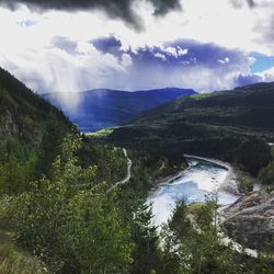 Scenic view of mountains against cloudy sky