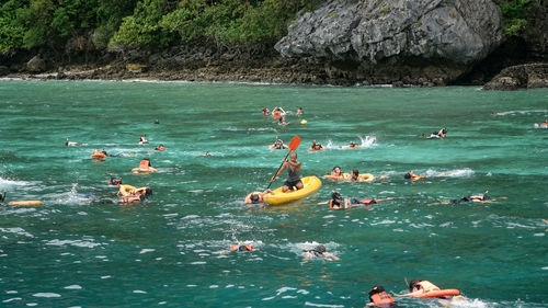 High angle view of people in water