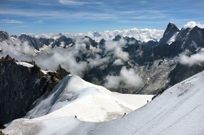 Scenic view of snow covered mountains against sky