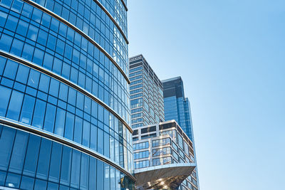 Modern city architecture, skyscraper glass facade with green tree