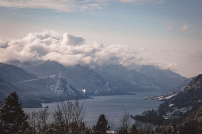 Scenic view of mountains and lake against sky