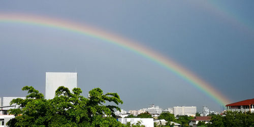 Rainbow over buildings in city against sky