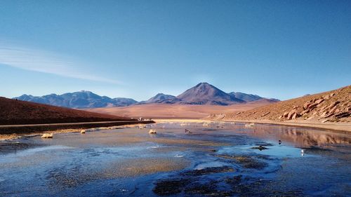 Scenic view of lake and mountains against blue sky