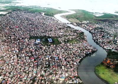 High angle view of buildings in city