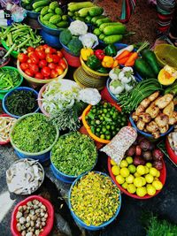 High angle view of vegetables for sale at market stall