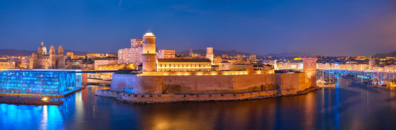 Marseille old port and fort saint-jean in night. france