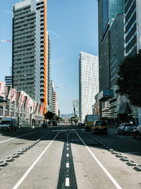 City street and modern buildings against sky