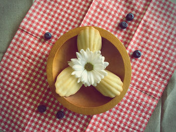 Directly above shot of white flower with food on table