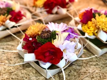 High angle view of various flowers on table