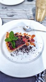 High angle view of dessert in plate on table