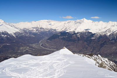 Scenic view of snow covered mountains against sky