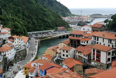 High angle view of buildings in cudillero, in the spanish region of asturias. 