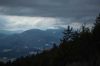 Scenic view of mountains against cloudy sky