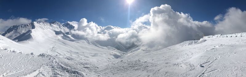 Panoramic view of snowcapped mountains against sky