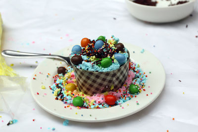 High angle view of dessert in plate on table