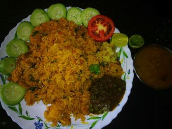 High angle view of food in plate