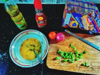 High angle view of vegetables on cutting board
