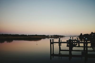 Scenic view of lake against clear sky during sunset