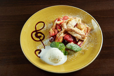 High angle view of breakfast served on table