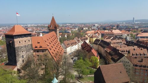 High angle view of town against sky